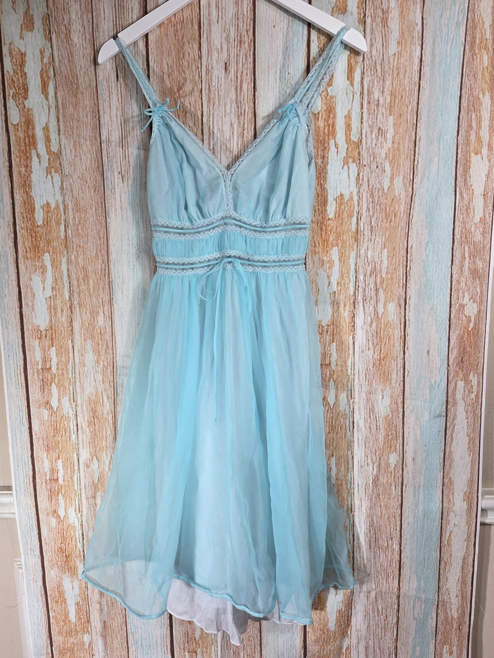 Vintage Gotham Gold Stripe Light Blue Sheer Spaghetti Strap Nightie. Size 32
